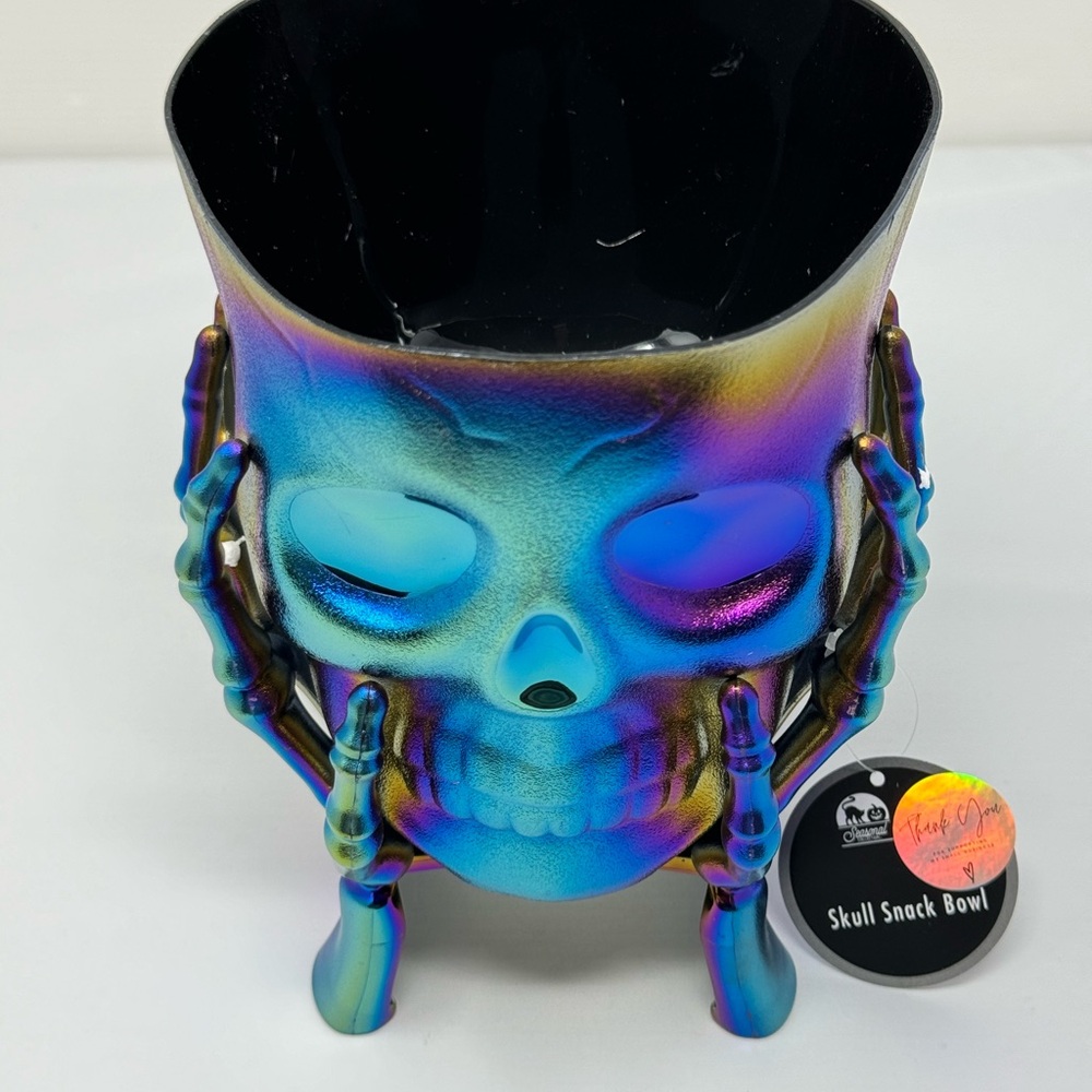 Halloween Skeleton Skull In Hands Candy Planter Bowl Multi-Color NWT 5” X 7.5”